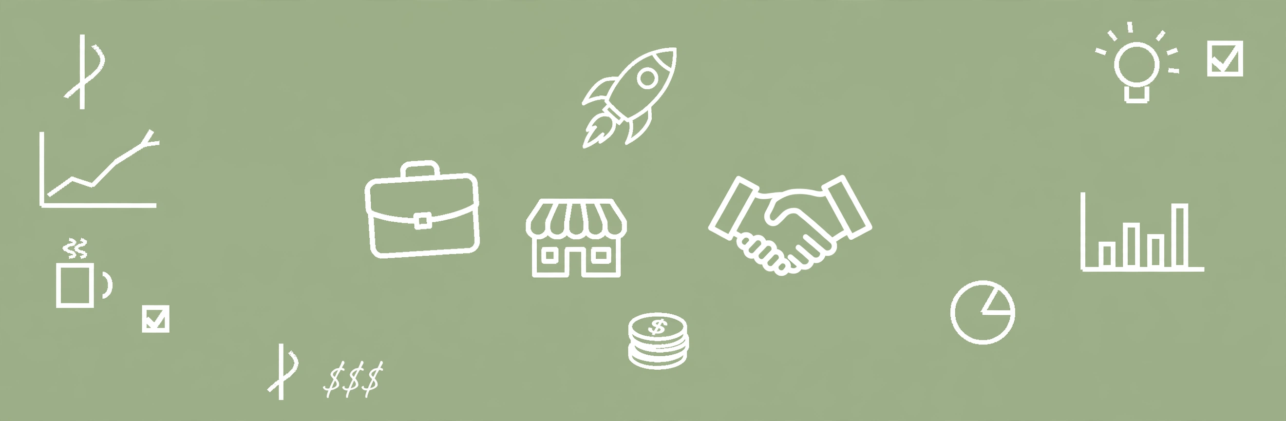 Sage green banner with white hand-drawn business doodles