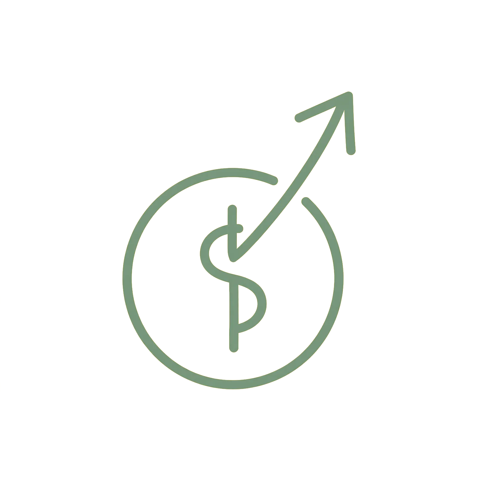 Single-line drawing of a dollar coin with a growth arrow